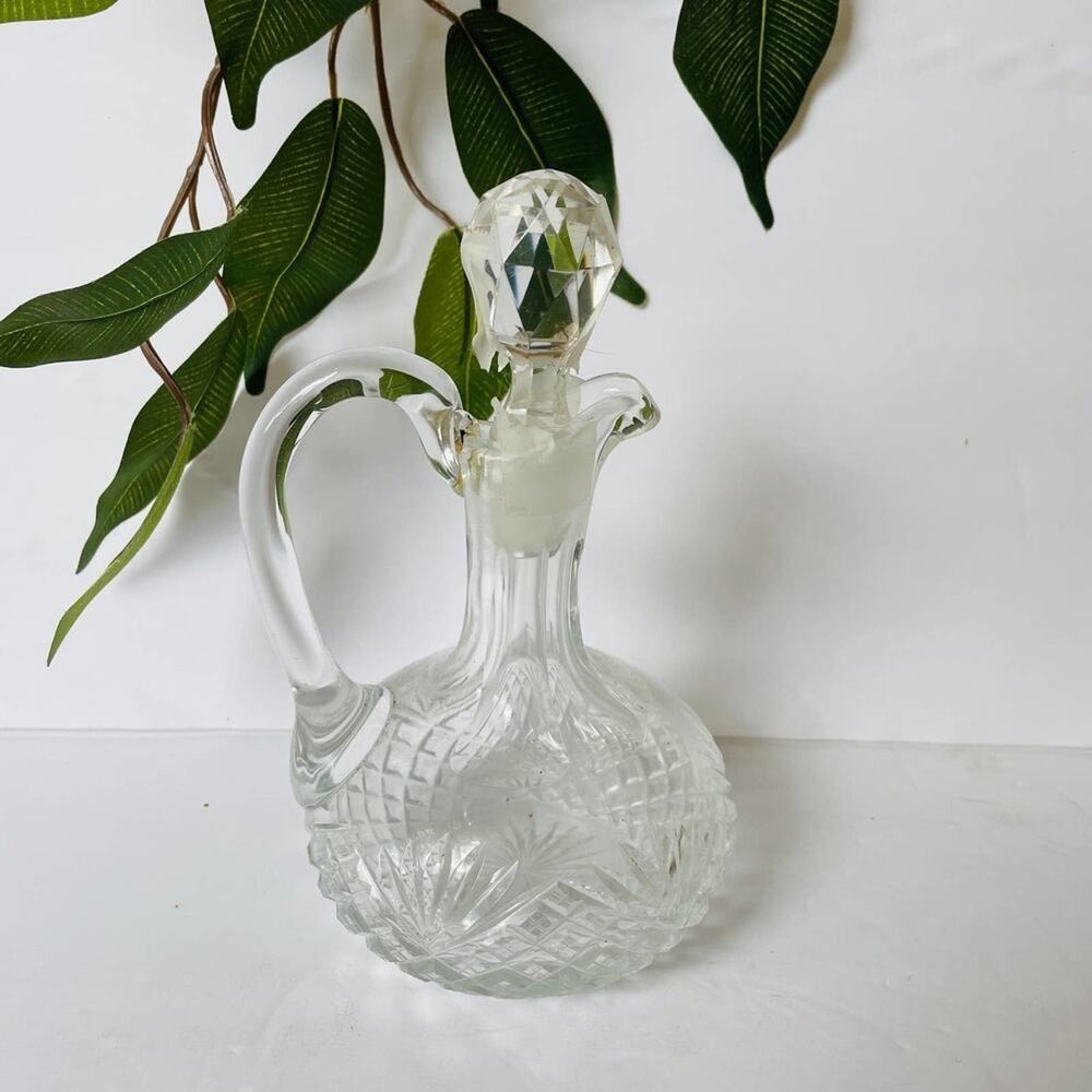 Antique Clear Cut Crystal Decanter Liquor Wine Vinegar Oil Cruet Pitcher